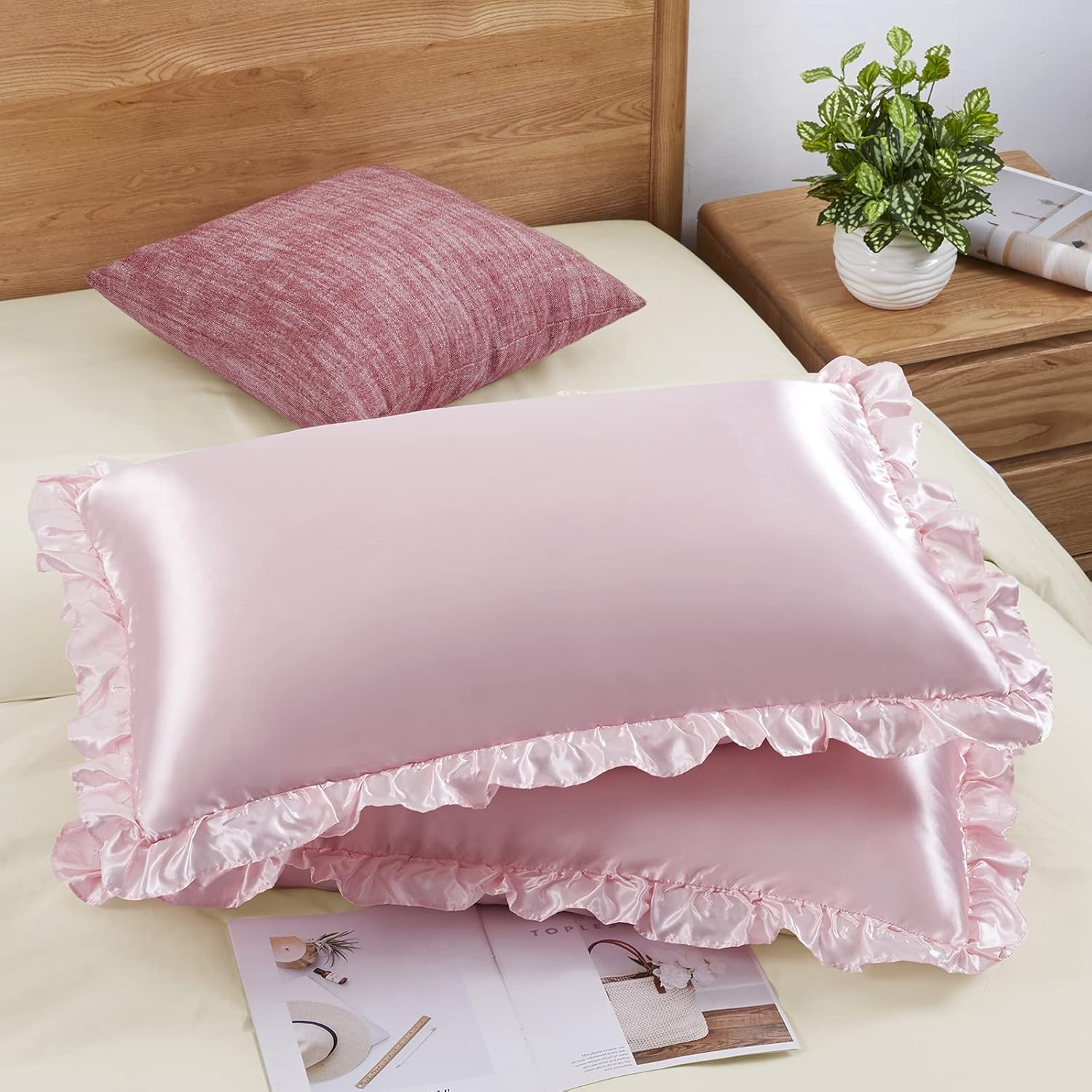2Pcs Satin Ruffled Pillow Case - Satin Pillowcase Silk のレビューと価格